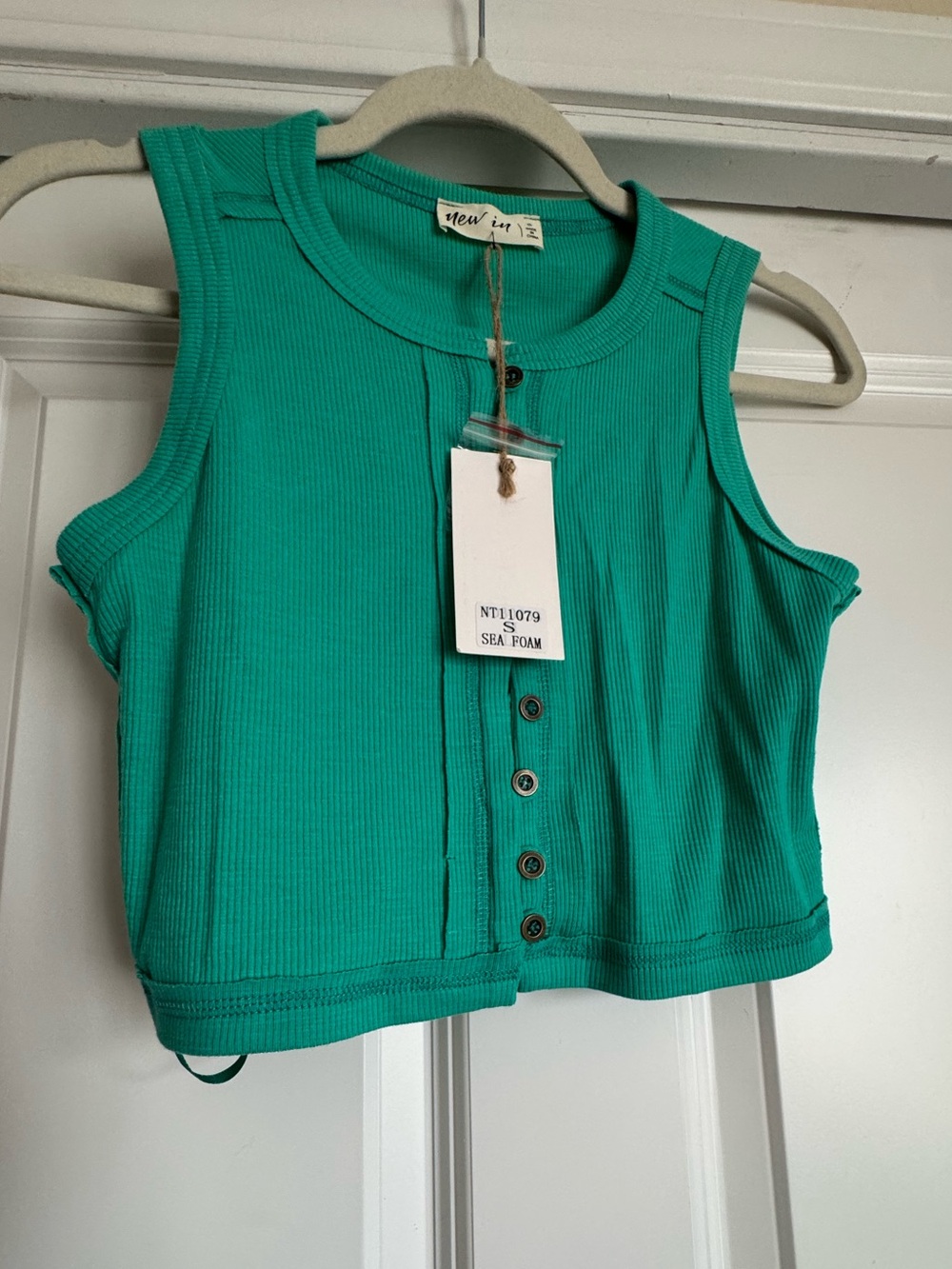 New In Small Solid Sea Foam Green Thin Ribbed Cropped Cotton Blend Top Shirt